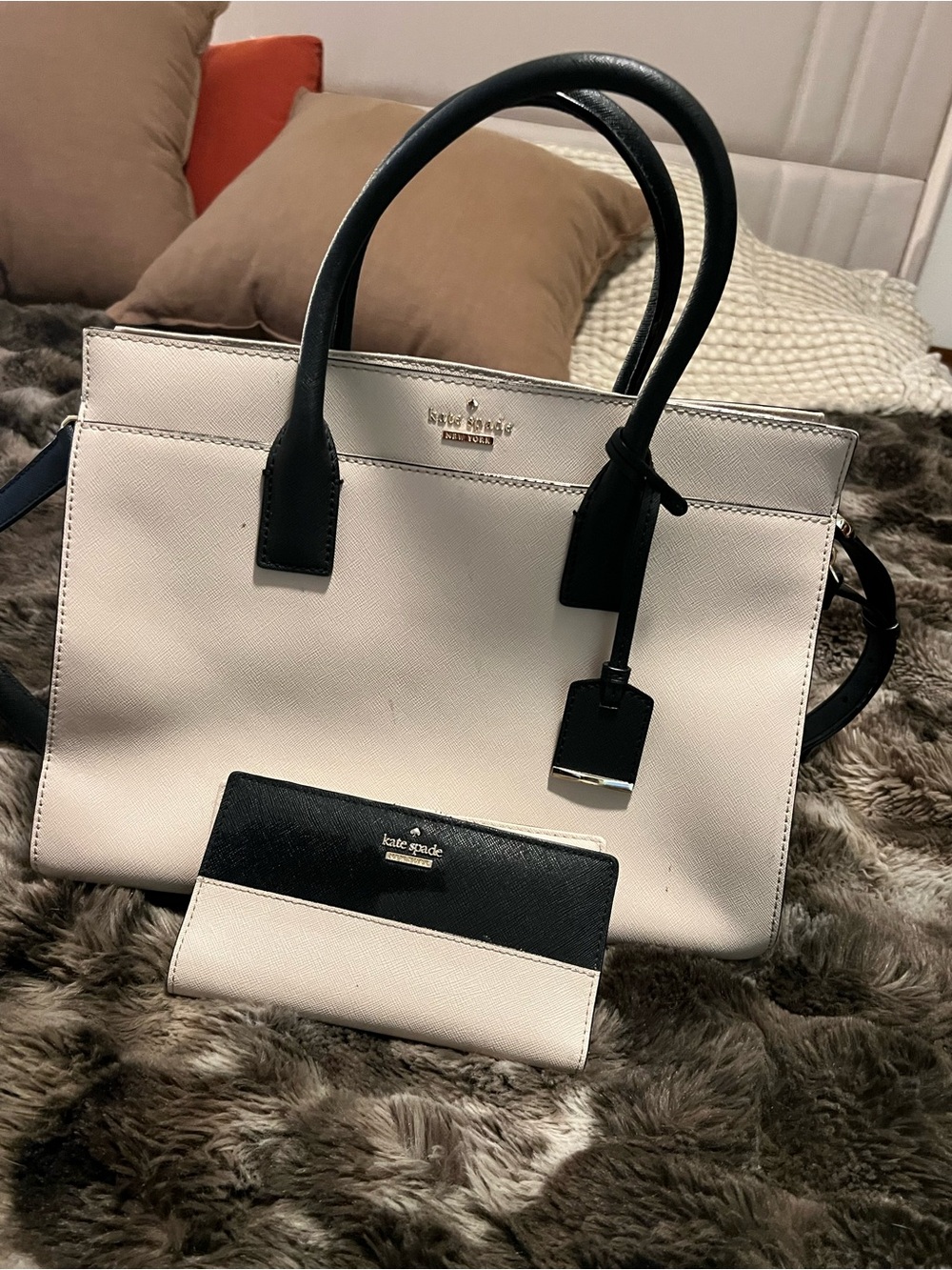 kate spade Black & Cream Leather Satchel with Matching Wallet